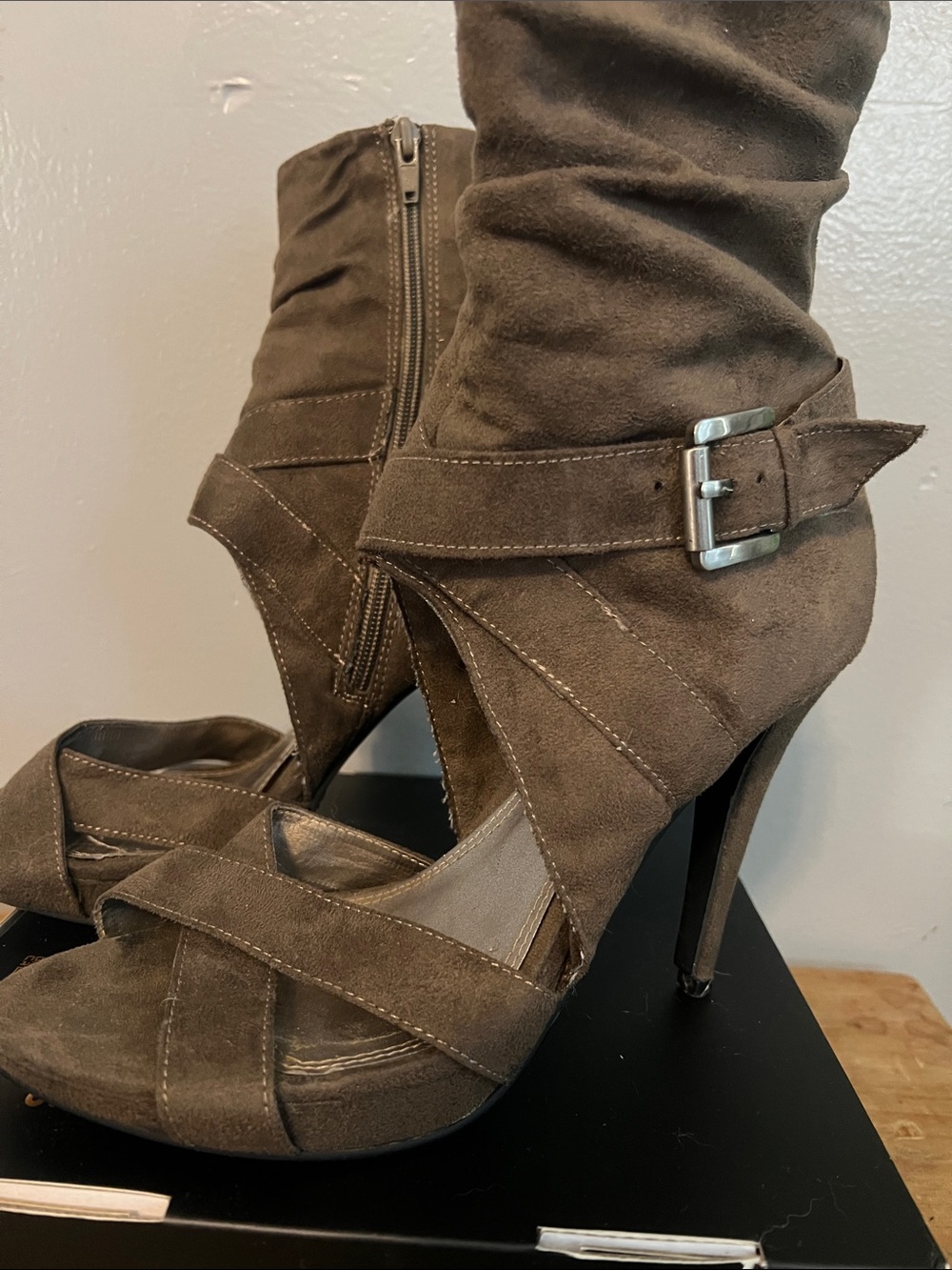 Chinese Laundry Brown Suede High Heel Bootie with Buckle
